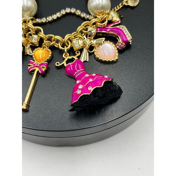Betsey Johnson Pink Charm Pearl Crystal Dress High Heel Heart Lollipop Bracelet - Picture 8 of 8